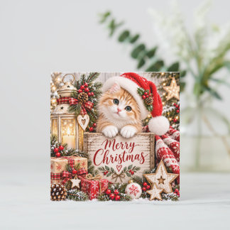 Cartão de Natal de Gatinho Fofo com Chapéu de Papa