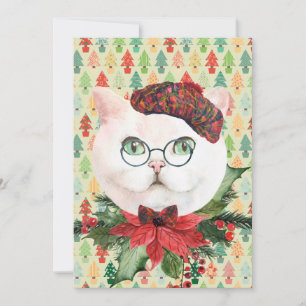 Cartão de Natal de Gato Branco Chique & Poinsettia