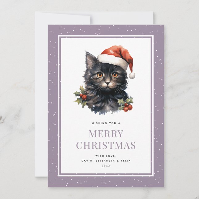 Cartão de Natal de Gato Preto - Roxo Púrpura e Mer (Frente)