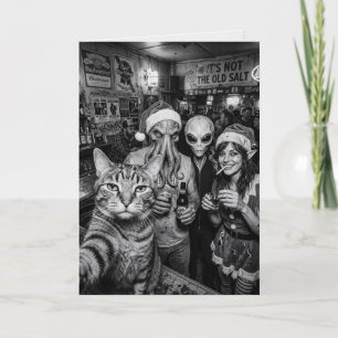 Cartão de Natal de Gato Selfie Bigfoot Alien Elfo 