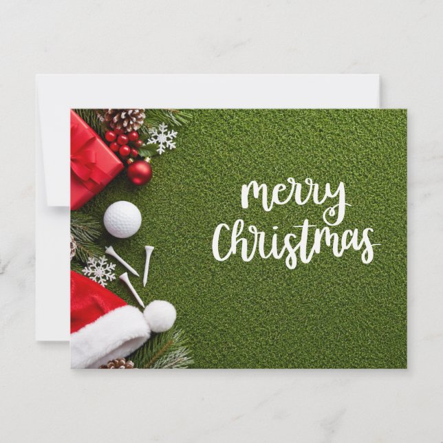 Cartão de Natal de golfe com golfe e tee no verde (Frente)