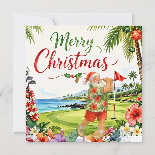 Cartão de Natal de golfe com Papai Noel do Havaí (Frente)