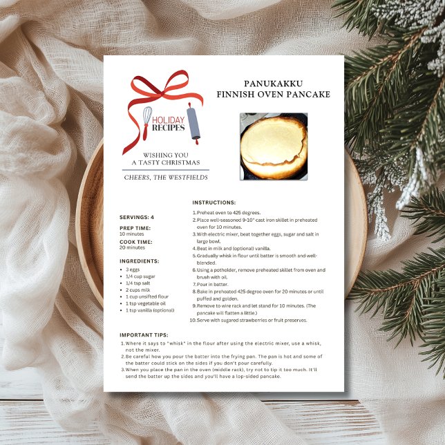 Cartão de Natal de Holiday - Receita de Pancake Fo (Holiday Recipes Panukakku Finnish Oven Pancake Christmas Card 5x7)