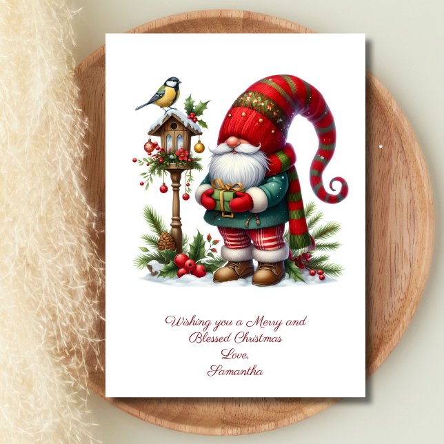 Cartão de Natal de inverno Gnomo Santa Claus (Gnome Santa Clause Winter Bird Christmas Holiday Card. Personalize your message)