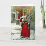 Cartão de Natal de Joyeux Noel do francês do<br><div class="desc">Cartão francês do Natal do vintage/Victorian.  O francês bonito Papai Noel,  Père Noël,  entregando presentes de Natal como uma criança espreita de sua porta da rua!  Joyeux Noël!

Nota:  Esta é uma réplica de um cartão do vintage.  O brilho é somente uma imagem e um brilho nao real.</div>