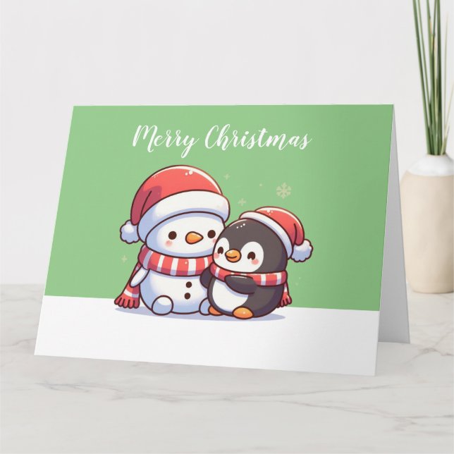 Cartão de Natal de Kawaii Bonito com Snowman (Frente)