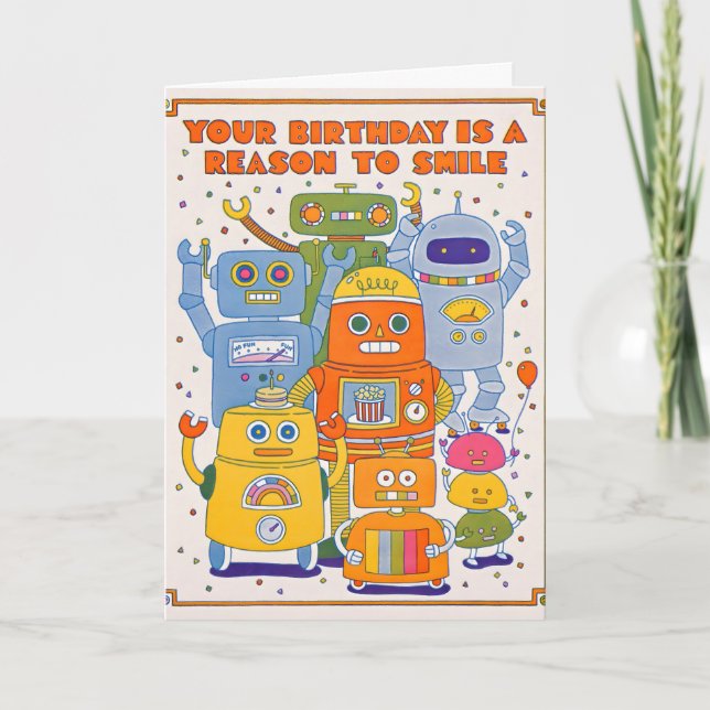 Cartão de Natal de Letterpress com Sorriso de Robô (Frente)