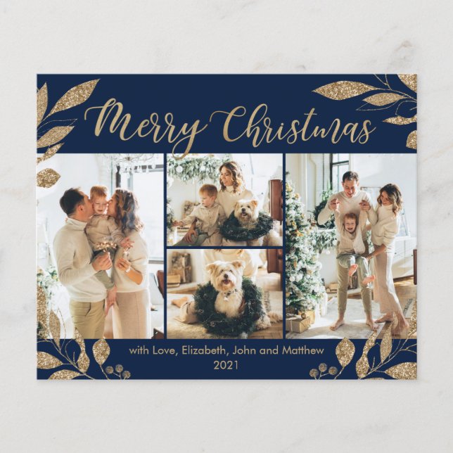 Cartão de Natal de Marinho Dourado Elegante para O (Frente)