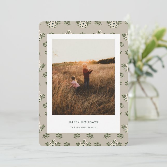 Cartão de Natal de Padrão Floral Minimalista (Em pé/Frente)