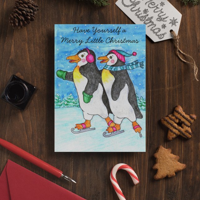 Cartão de Natal de patinagem dos pinguins (Criador carregado)