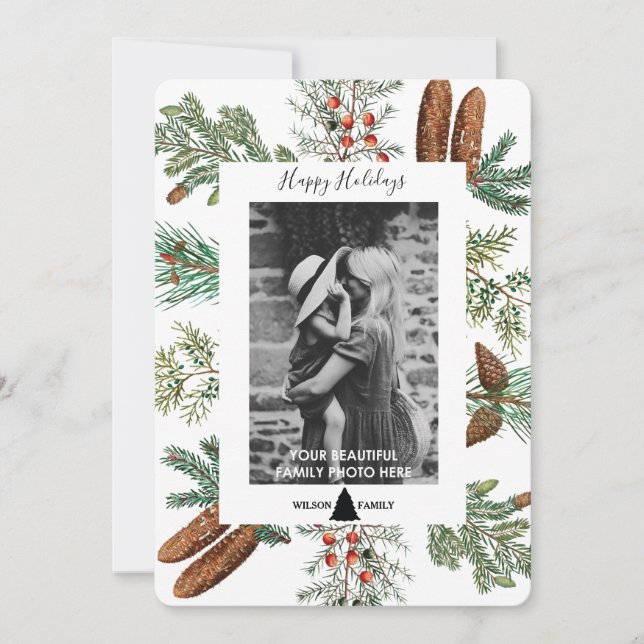 Cartão de Natal de Pine de Foto da Família Feliz F (Frente)