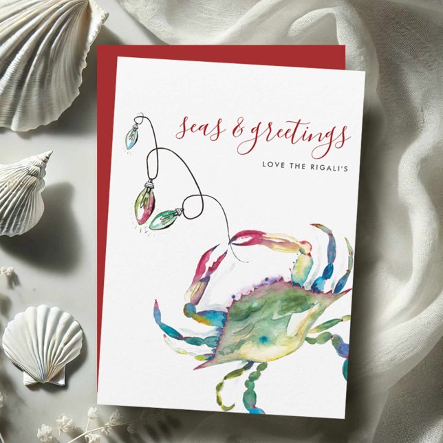 Cartão de Natal de Praia com Caranguejo Azul em Aq (Beach holiday cards watercolor blue crab art by Victoria Grigaliunas Do Tell A Belle)