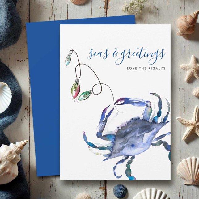 Cartão de Natal de Praia de Caranguejo Azul (Beach Christmas cards watercolor crab in shades of blue with holiday lights Victoria Grigaliunas)