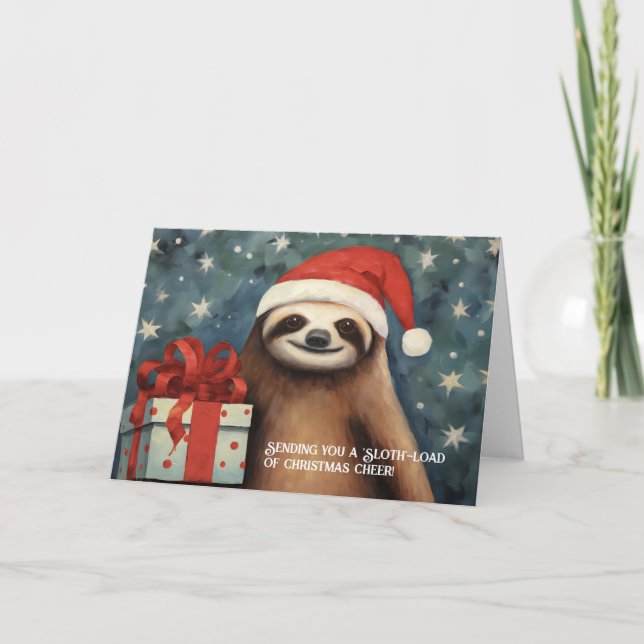 Cartão de Natal de Preguiça com um Presente (Frente)