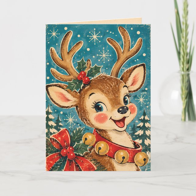 Cartão de Natal de Renas Vintage Retro (Frente)