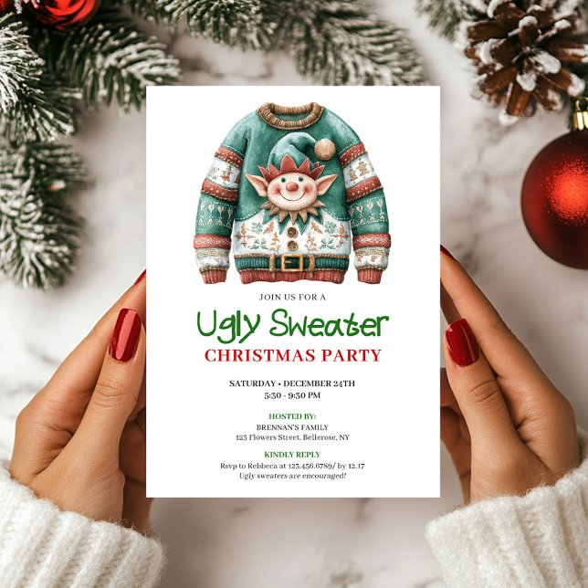 Cartão de Natal de Suéter Feio e Divertido (Cheerful Funny Ugly Sweater Christmas Card)