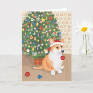 Cartão de Natal de um lindo corgi com árvore de Na