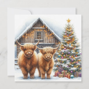 Cartão de Natal de vacas das Terras Altas, árvore