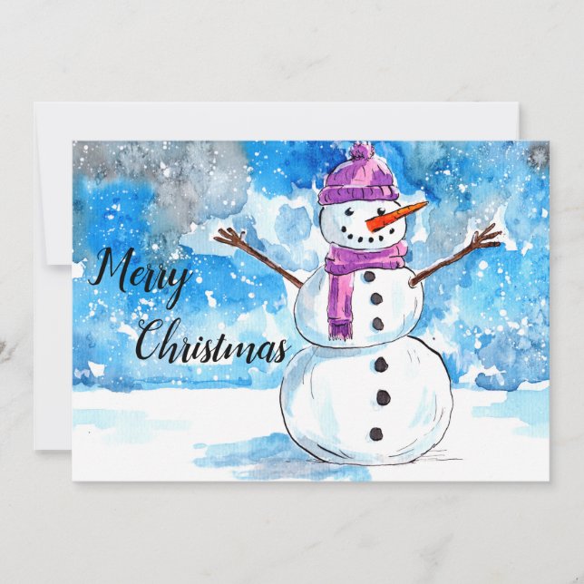 Cartão de Natal de Watercolor Snowman (Frente)
