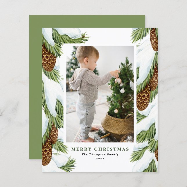 Cartão de Natal de Watercolor Snowy Pinecones (Frente/Verso)