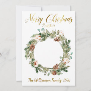Cartão de Natal de Wreath com Foto Floral Adorável