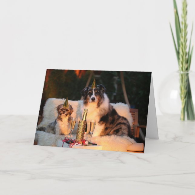 Cartão de Natal do Ano Novo de Dois Cachorros (Frente)