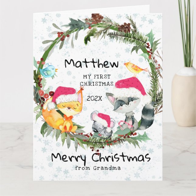 Cartão de Natal do Bebê da Floresta da Vovó (Frente)