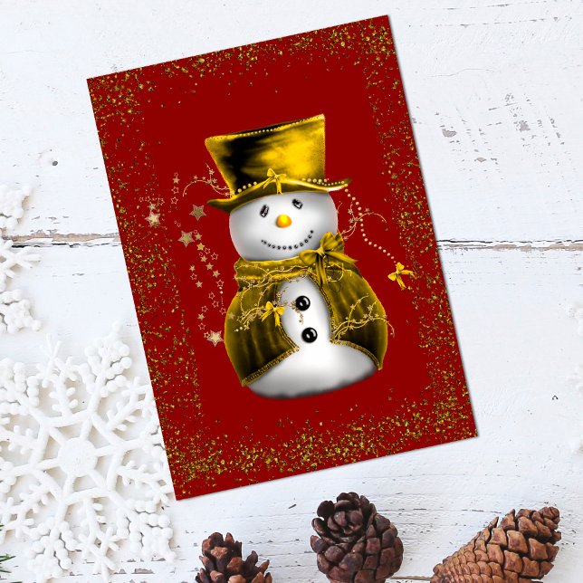 Cartão de Natal do Boneco de Neve de Veludo Dourad (Golden Velvet Snowman Sparkle Christmas Card by the Olde Christmas Shoppe)