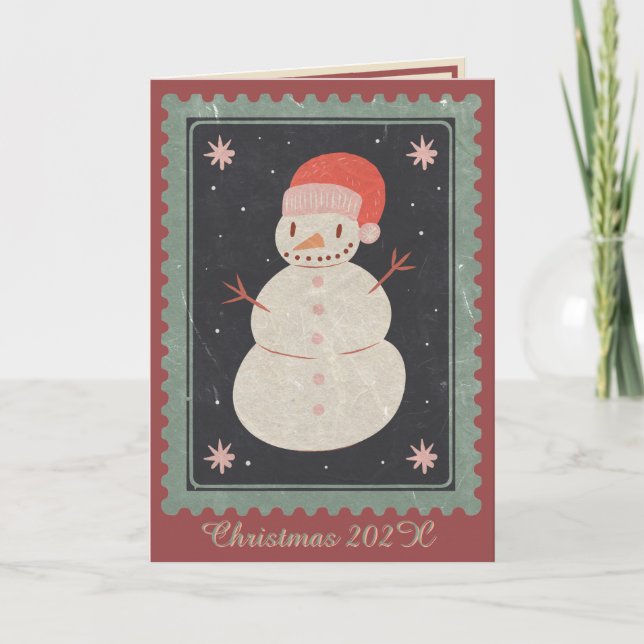 Cartão de Natal do Boneco de Neve Vermelho e Verde (Frente)