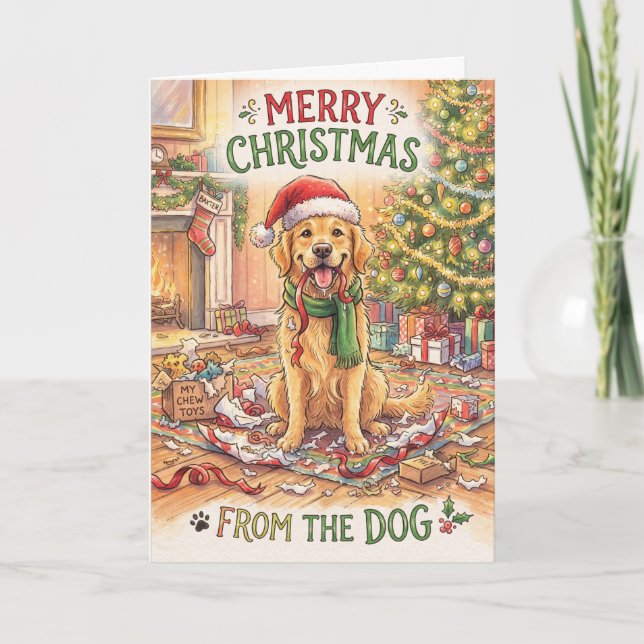 Cartão de Natal do Cão junto à Árvore de Natal (Frente)