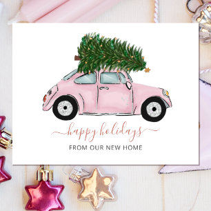 Cartão de Natal do Carro Rosa Orçamento Nós Mudamo