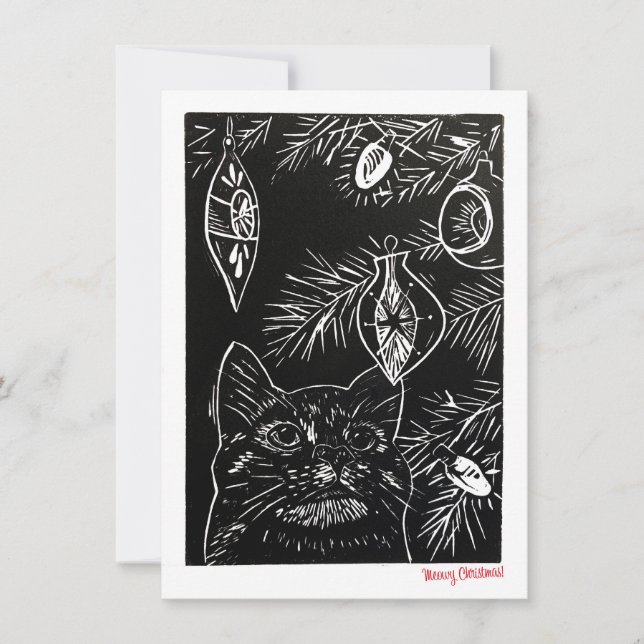 Cartão de Natal do Cat Linocut (Frente)