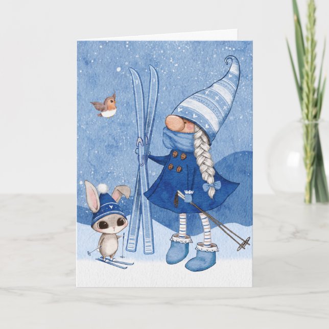 Cartão de Natal do Coelho Esquiando do Gnome (Frente)