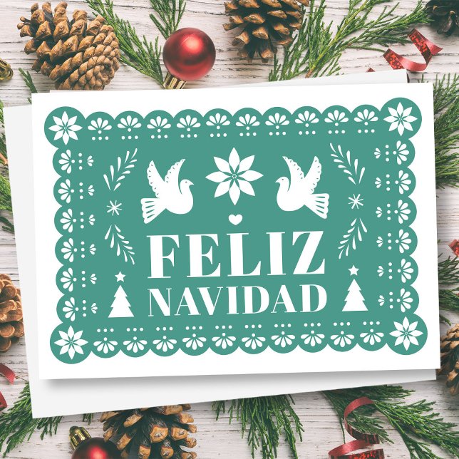 Cartão de Natal do Estilo Feliz Navidad Papel Pica (Feliz Navidad Papel Picado Style Christmas Card by Fiesta Valley Print)