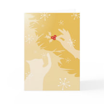 Cartão de Natal do Gato Branco & Holly, em dourado