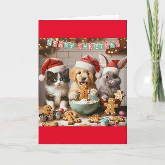 Cartão de Natal dobrado com cão, gato, coelho #3 (Frente)