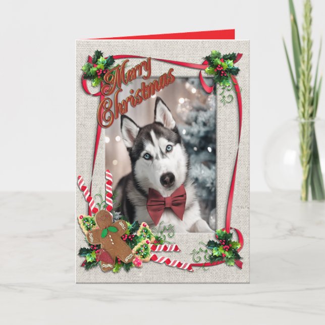 Cartão de Natal Dobrado com Huskie (Frente)