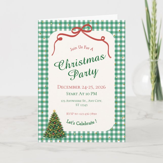 Cartão de Natal Dobrado de Xadrez Verde (Frente)