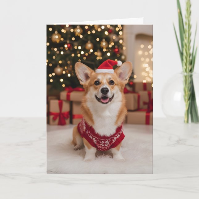 Cartão de Natal Dobrado Personalizado com Corgi Fo (Frente)