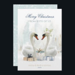 Cartão de Natal dos Dois Cisnes<br><div class="desc">Este cartão de Natal elegante apresenta dois cisnes brancos com um fundo suave em aquarela com flocos de neve e presentes! O texto "Feliz Natal de Nós Dois" pode ser alterado para uma mensagem própria e personalize com seus nomes e ano. Se precisar de ajuda para transferir este design para...</div>