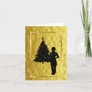 Cartão de Natal Dourado com Silhueta de Médica