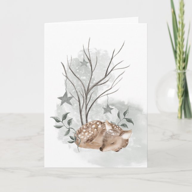 Cartão de Natal e Ano Novo de Corça em Aquarela (Frente)