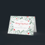 Cartão de Natal Elegância Clássico<br><div class="desc">Rolos,  flores e folhas de design em tons de verde,  azul e vermelho. Fundo branco. Elegante,  na moda,  colorido - perfeito para enviar cartões de natal para sua família e amigos! Fácil de personalizar o texto.</div>