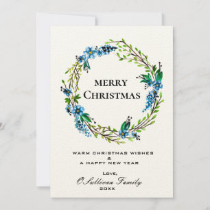 Cartão de Natal Elegante Blue Wreath - Floral