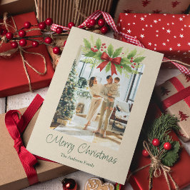 Cartão de Natal Elegante Holly e Arco Vermelho