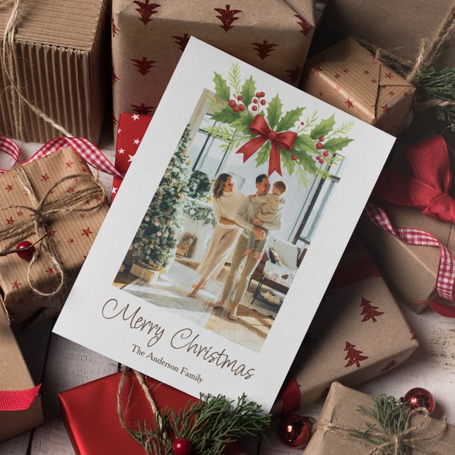 Cartão de Natal Elegante Holly e Arco Vermelho (Criador carregado)