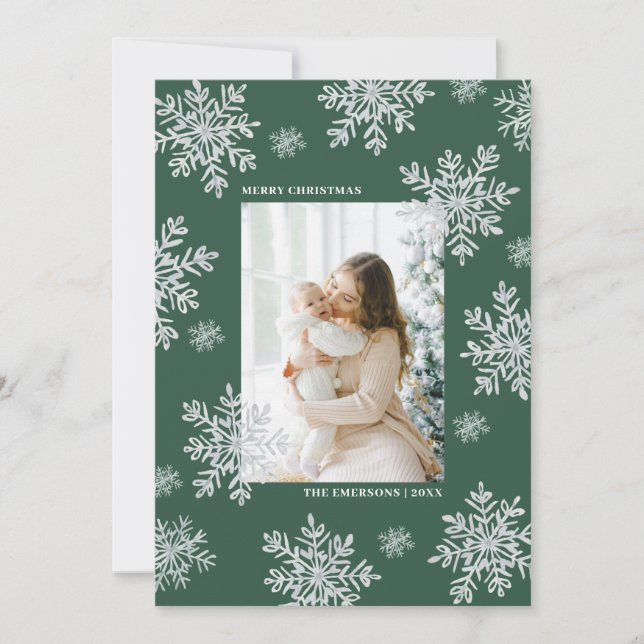 Cartão de Natal Elegante Verde Floco de Neve Alegr (Frente)