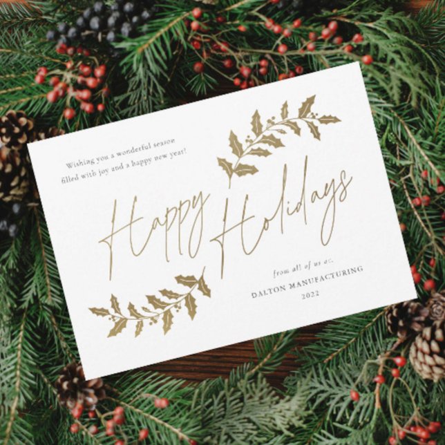 Cartão de Natal Empresarial Orçamento Feliz Natal (Elegant Script Gold Happy Holidays Greenery Leaves Business Holiday Card.)