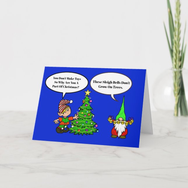 Cartão de Natal Engraçado de Elfo e Gnomo (Frente)