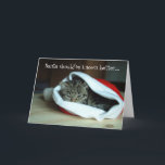 Cartão de Natal Engraçado de Santa Hat<br><div class="desc">Não tire o chapéu quando estiver perto de um gato! Este chapéu de Papai Noel deve ter sido quente e convidativo... E faz-me pensar se o gato bebeu o copo de leite que lhe foi deixado de fora! Excelente cartão de Natal para pessoas de todas as listras!!</div>
